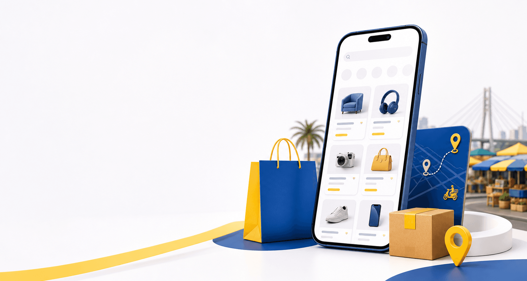 Scene visuelle Uty avec marketplace mobile, livraison et achats